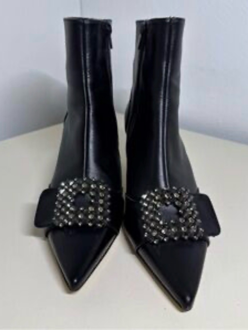 🐈‍⬛ Leather Boots Women's Black Pointed Toe Ankle Boots with Studded Buckle